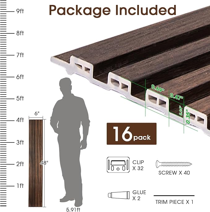 WPC Slat Wall Panels 16 Pack 48" x 6", Waterproof Fluted Wall Paneling - Image 4