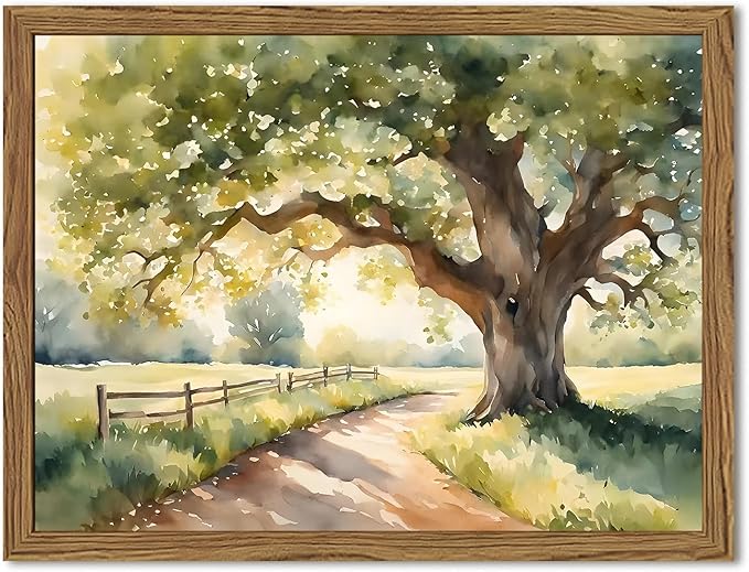 Framed Vintage Tree Landscape Wall Art, Watercolor Country Road Nature Wall by Unknown