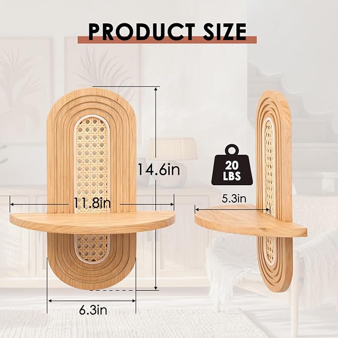 Floating Shelves for Wall, Boho Home Wall Decor, Rattan Plant Shelf Set of 2 - Image 3