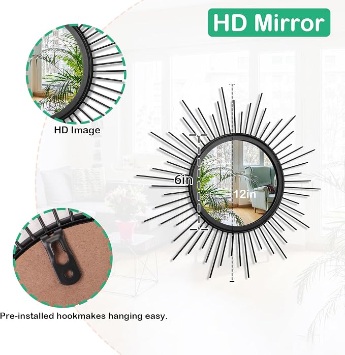 Sunburst Wall mirror Black Small Spoked Wall Decor Mirror Bohemian Home Round - Image 7
