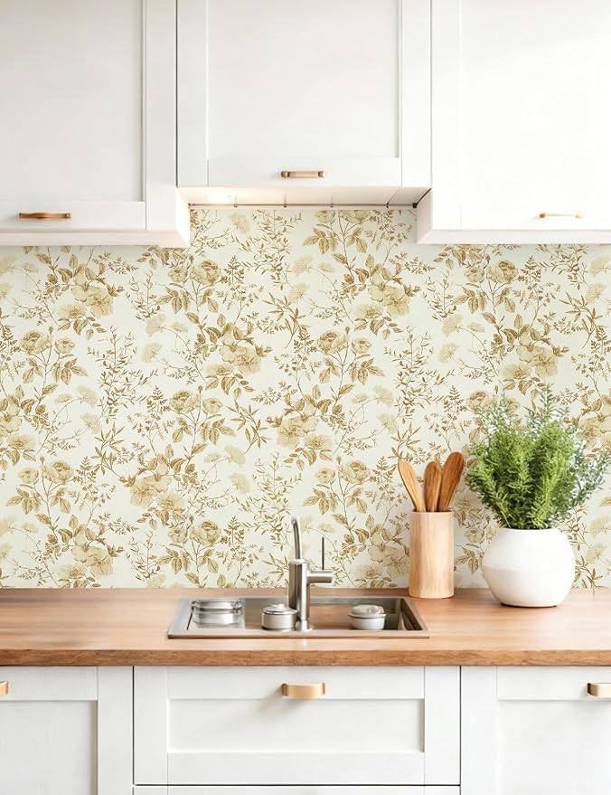 Erfoni 16.9" x197" Yellow Brown Floral Peel and Stick Wallpaper Boho Floral - Image 2