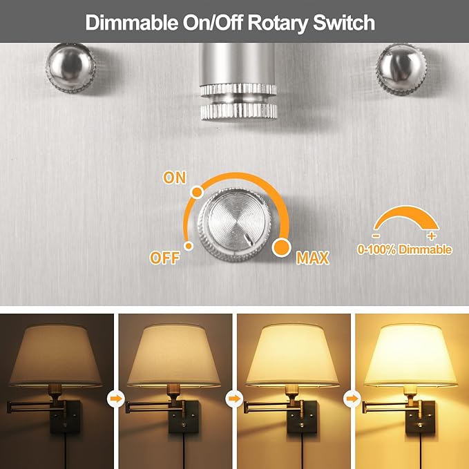 TRLIFE Dimmable Wall Sconce Plug in, Brushed Nickel Wall Sconces Set of Two - Image 3