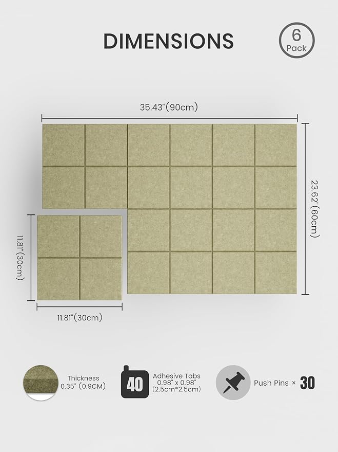 Bumusty Large Felt Bulletin Board, 30 Push Pins, 40 Adhesive Tabs, Olive Green - Image 2
