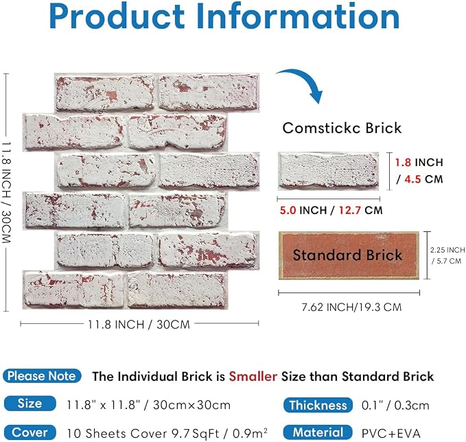 COMSTICKC 3D Faux Brick Wall Panel Peel and Stick, Ultra-Light Thin PVC Brick - Image 4