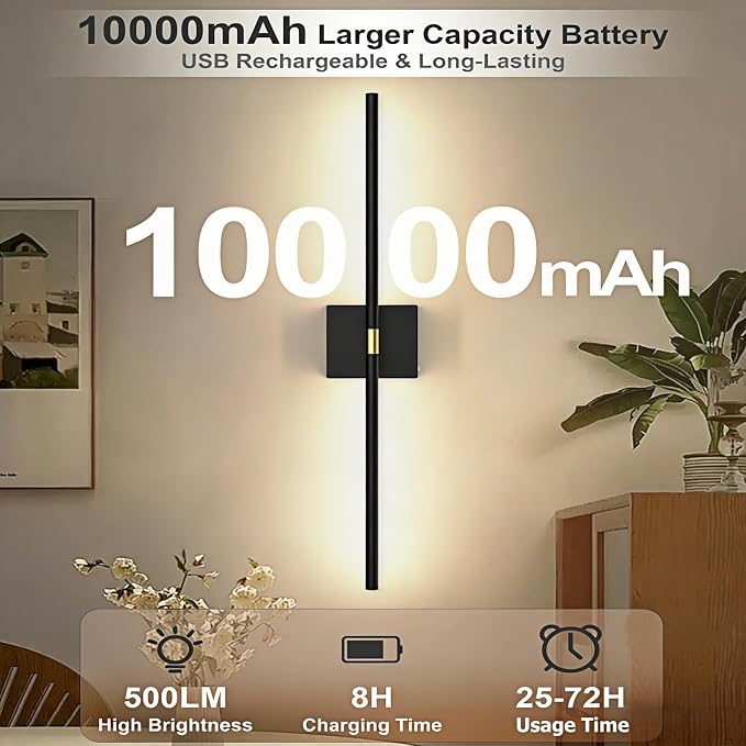 iThird Battery Operated Wall Sconces Set of 2: 10000mAh Rechargeable Wireless - Image 3