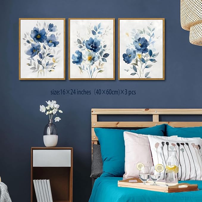 KISSFOX Framed Colorful Wildflower Blue Canvas Wall Art Set Of 3 Flowers - Image 7