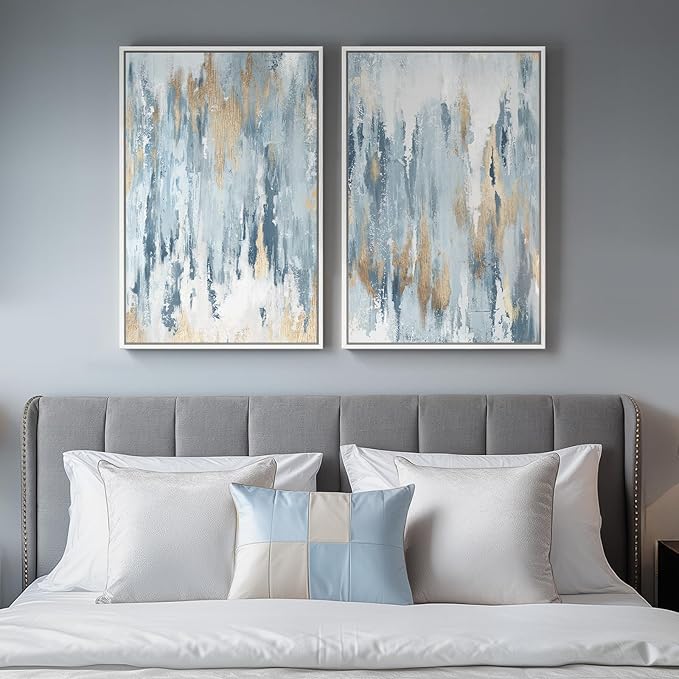 White Framed Blue and Gold Abstract Canvas Wall Art by Cuspin