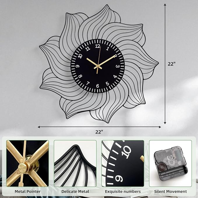 22 Inch Flower Wall Clock, Silent Non-Ticking Battery Operated Modern - Image 2
