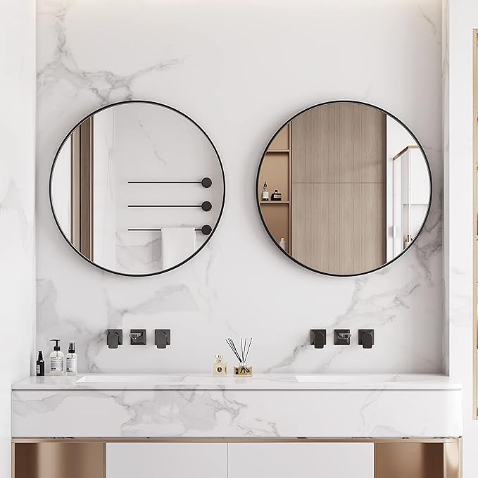 Itrue 24 Inch Round Wall Mirror, Brushed Black Metal Framed Circle Bathroom - Image 2