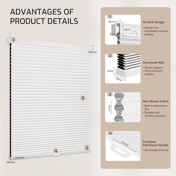 Grandekor No Drill No Tools Cordless Cellular Shades, 27.5" W x 64" H, UV - Image 9