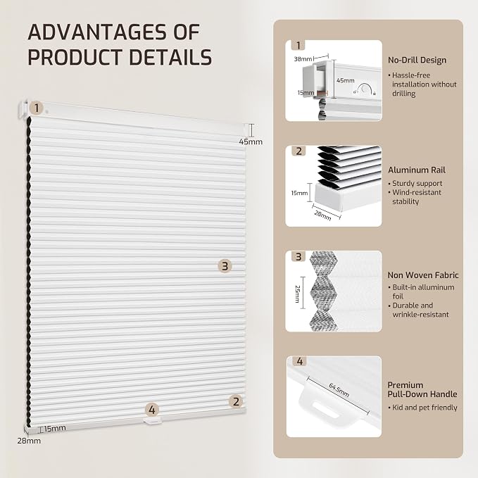 Grandekor No Tools Cordless Cellular Shades, UV Protection Privacy No Drill - Image 9
