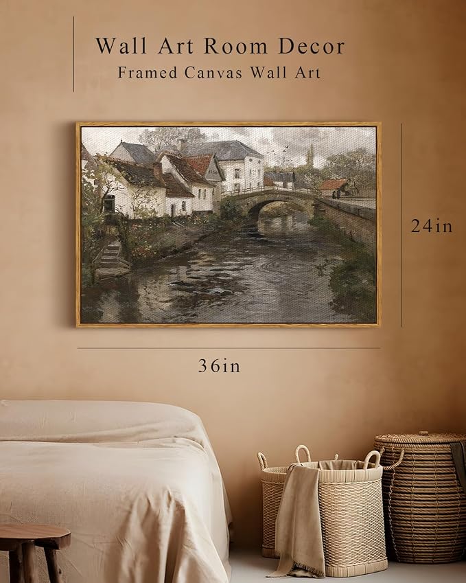 InSimSea Framed Canvas Wall Art Vintage Decor, Riverside Small Town Large - Image 5
