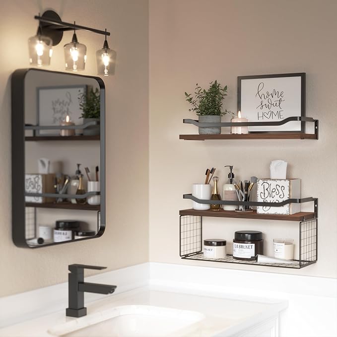 WOPITUES Floating Shelves with Wire Storage Basket, Bathroom Shelves Over - Image 2