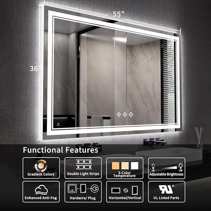 LED Mirror, 55x36 Inch Gradient Front and Backlit Lighted Bathroom Mirror - Image 2