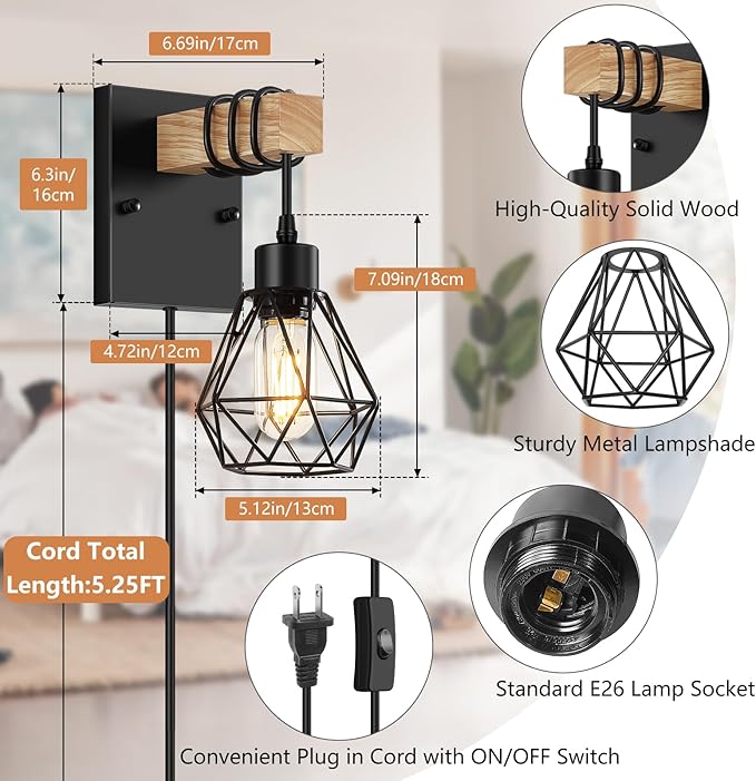 Lomoky Plug in Wall Sconces Set of Two, Vintage Wood Wall Lamps - Image 2