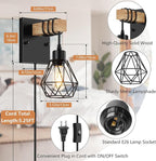 Lomoky Plug in Wall Sconces Set of Two, Vintage Wood Wall Lamps - Image 2
