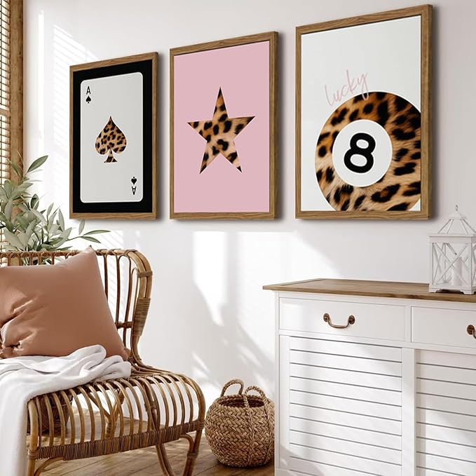 Pink and Black Leopard Wall Art, Lucky Girl 8 Ball Wall Decor Set of 3 Cheetah - Image 4