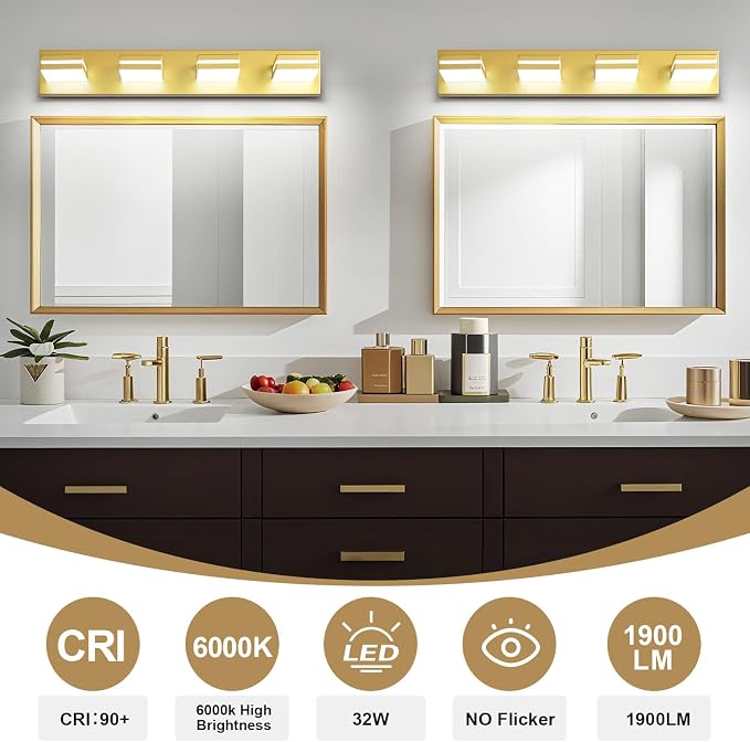 Modern LED Bathroom Lights Fixtures 4-Light, Metal Gold Acrylic Wall Lighting - Image 4