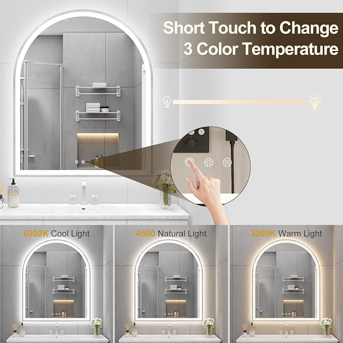 Arched LED Mirror for Bathroom 30"x36", 3 Color Changing, Touch Sensor - Image 4