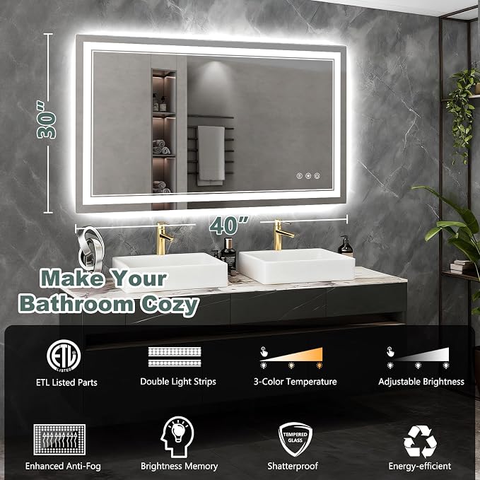 40x30 Inch LED Bathroom Mirror - Image 2