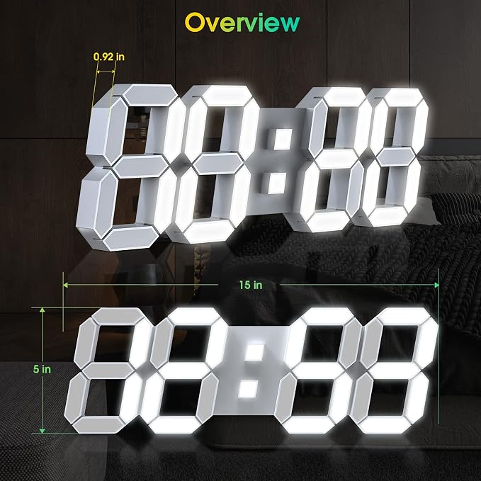 15" 3D LED Digital Wall Clock, Large Decor Wall Clock, Time/Date/Temperature - Image 2