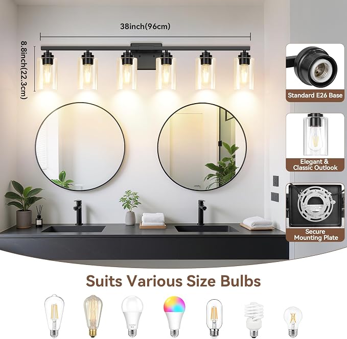 6-Light Bathroom Light Fixtures, Matte Black Light Fixture, Classic Wall Light - Image 8