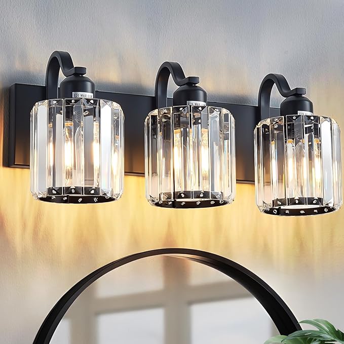 Modern 3-Lights Black Bathroom Vanity Light, Crystal Bathroom Lights Over Mirror by AIXIALIN