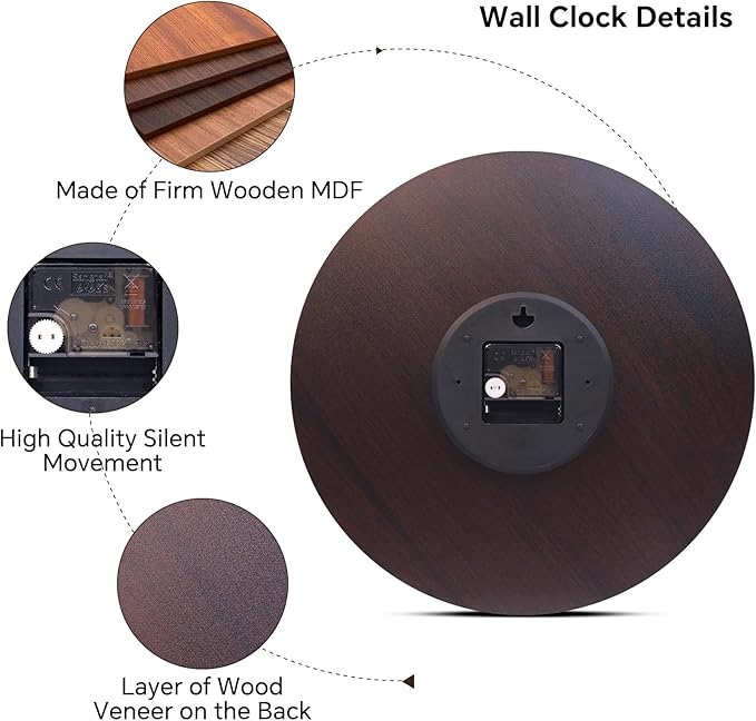 14 Inch Retro Vintage French Country Style Round Wooden Wall Clock Silent - Image 6