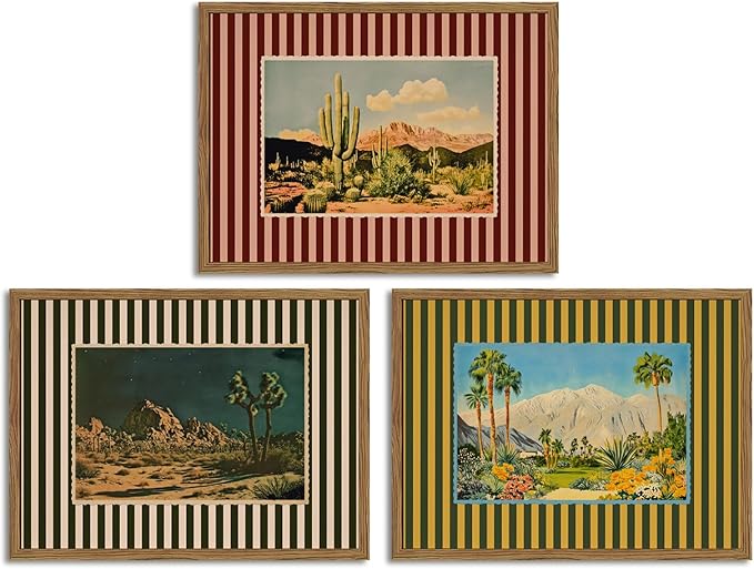 Framed Vintage Western Landscape Wall Art Set of 3, Striped Postcards Southwest by Unknown
