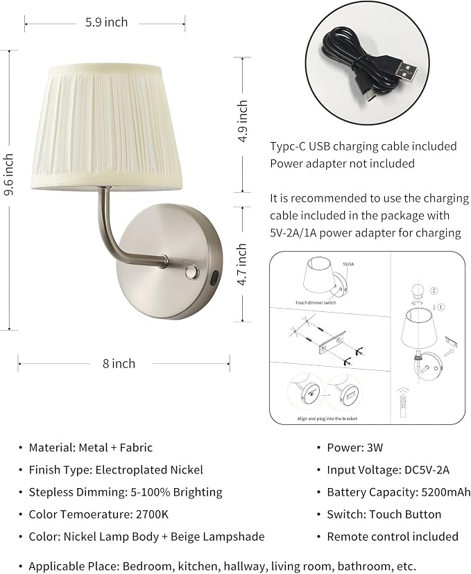 PUSU LED Cordless Nickel H9.6 inch Small Wall Sconces Set of 2, Rechargeable - Image 5