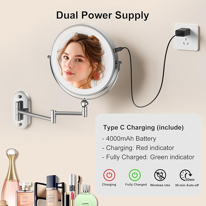 9" Wall Mounted Lighted Makeup Mirror, 4000mAh Rechargeable Double Sided 1X/10X - Image 4