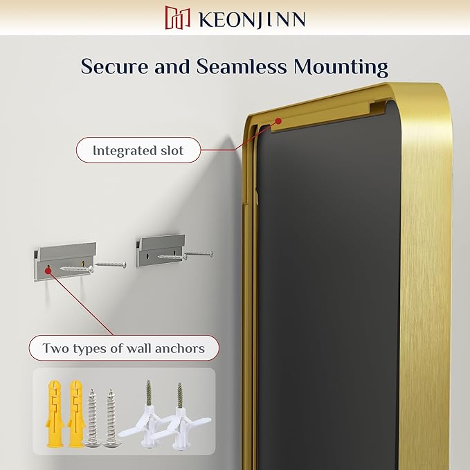 Keonjinn Brushed Gold Bathroom Mirror 48 x 30 Inch Large Rounded Rectangle - Image 6