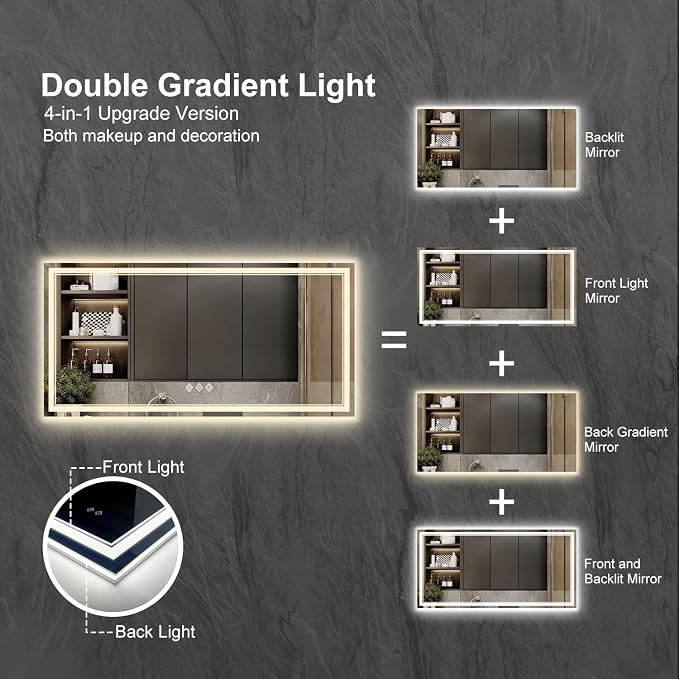 LED Bathroom Mirror with Lights, 72x36 Inch Gradient Front and Backlight LED - Image 4