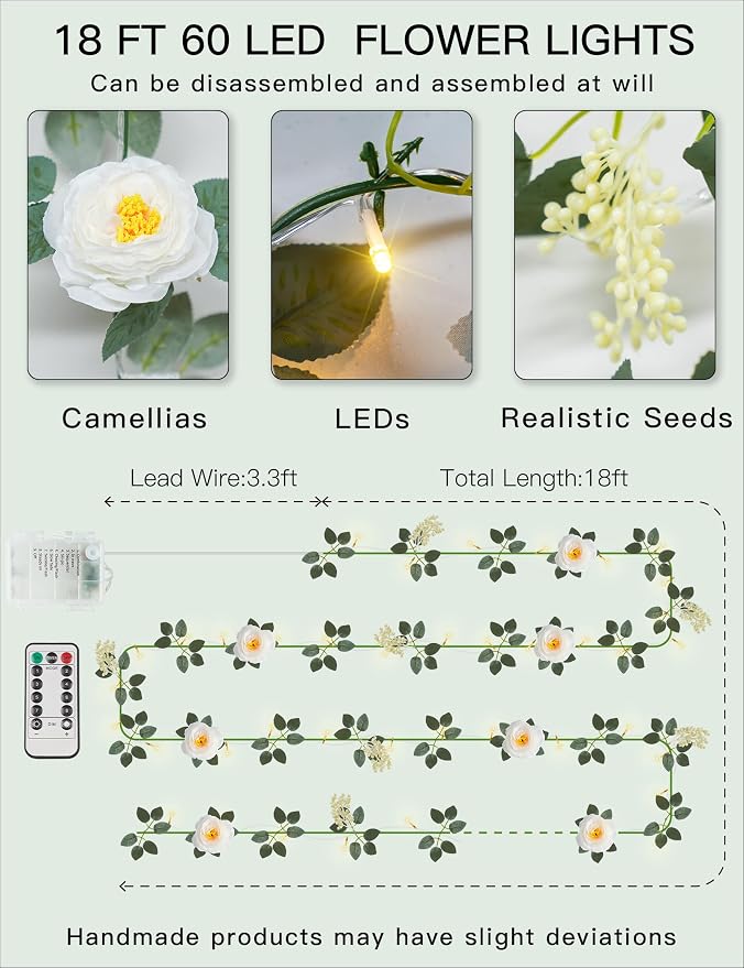 suddus Flower Garland with White Camellia Fairy Lights Indoor, 60 LED Vines - Image 6