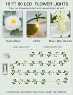 suddus Flower Garland with White Camellia Fairy Lights Indoor, 60 LED Vines - Image 6