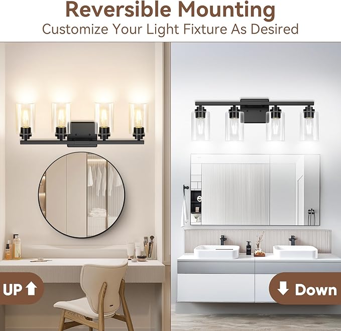 VerRon 4 Lights Bathroom Light Fixtures, Matte Black Modern Vanity Lights Over - Image 2