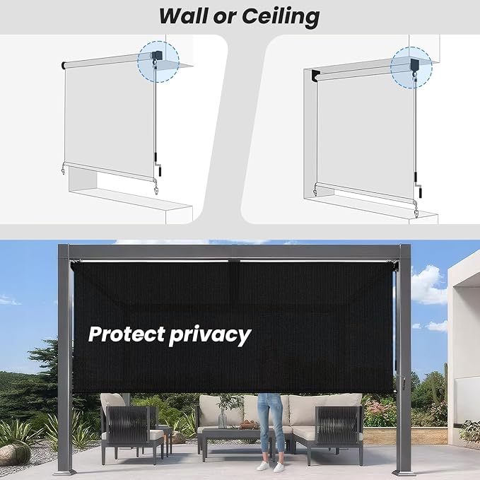 7'W x 8'H Black Patio Shades Roll up Outdoor Roller Shade Crank Wand Blind - Image 6