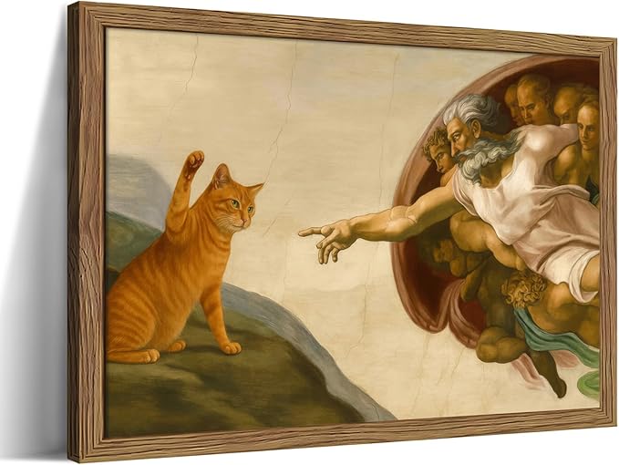 Framed Vintage Cat Canvas Wall Art, Funny Orange Cat Parody Classic Masterpiece by Unknown