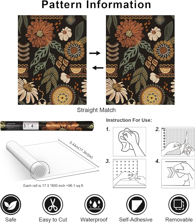 Simon&Siff Boho Peel and Stick Wallpaper, 17.3" x 800" Sun Floral Retro Contact - Image 7