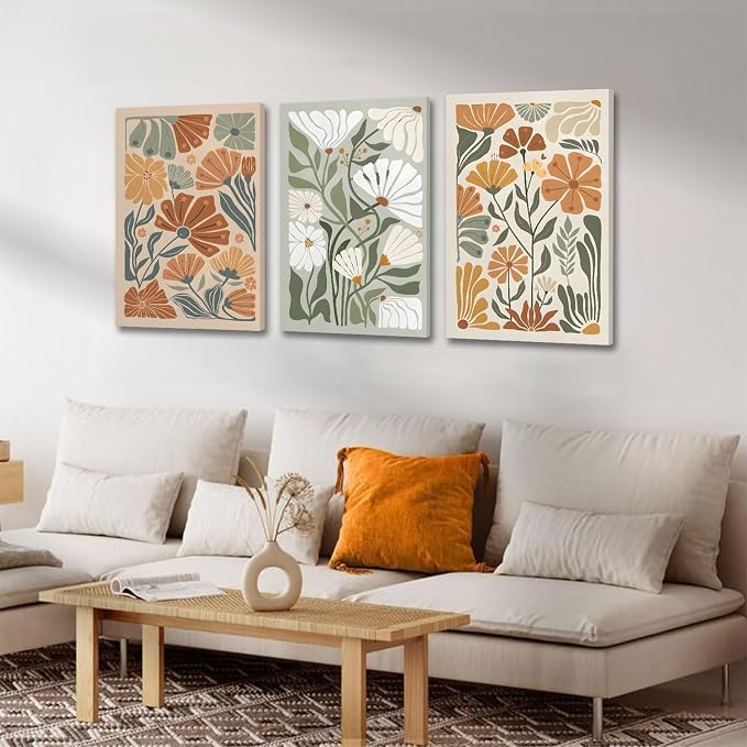 KISSFOX 3 Piece Framed Wall Art Floral Wall Decor Flower Canvas Art Green Beige - Image 4