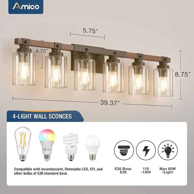 Amico Farmhouse Bathroom Vanity Light Fixtures, Rustic 6-Light Industrial - Image 6