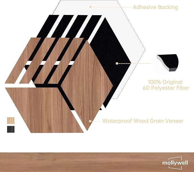 Mollywell Acoustic Panels, PVC Wood-Grain, 14x12 Inch Hexagon Carved Sound - Image 3