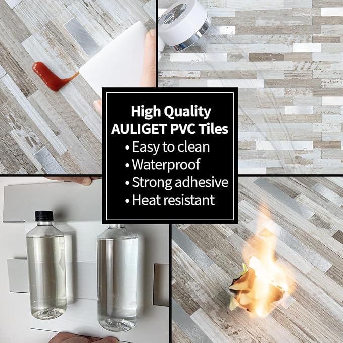 AULIGET Peel and Stick Backsplash, Coffee & Brown Wood Look PVC Mixed Metal - Image 5