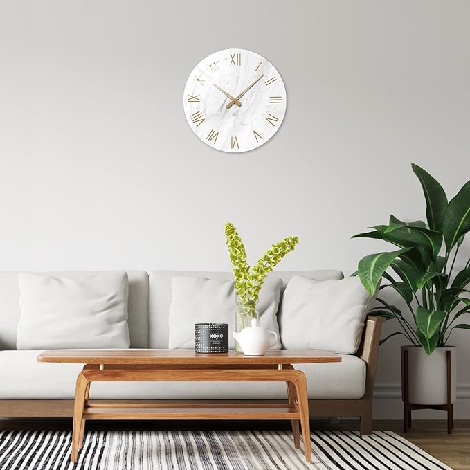 White Small Wall Clocks Battery Operated Marble Analog Clock - Image 2