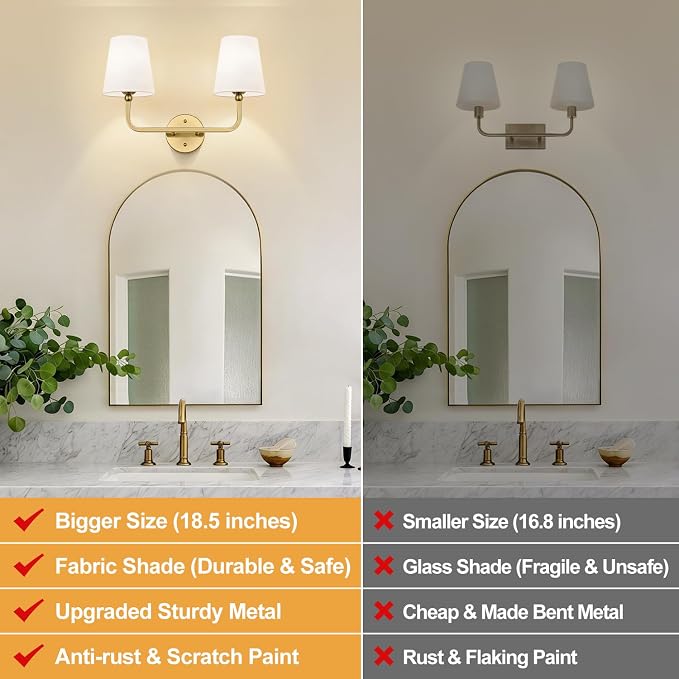MOKATNG Bathroom Light Fixtures, 2-Light Brushed Gold Vanity Lights, Bathroom - Image 2