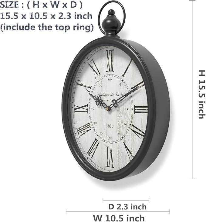 Menterry Oval Retro Wall Clock, Rustic Vintage Style, Battery Operated Silent - Image 3