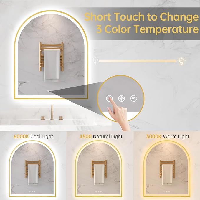 30"x36" Arched LED Mirror for Bathroom, Brushed Gold Lighted Bathroom Mirror - Image 4