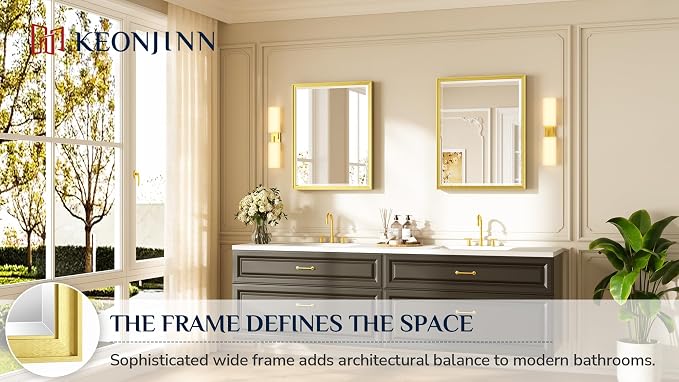 Keonjinn Brushed Gold Bathroom Mirror 24" x 30", Beveled Edge Tempered Glass - Image 7