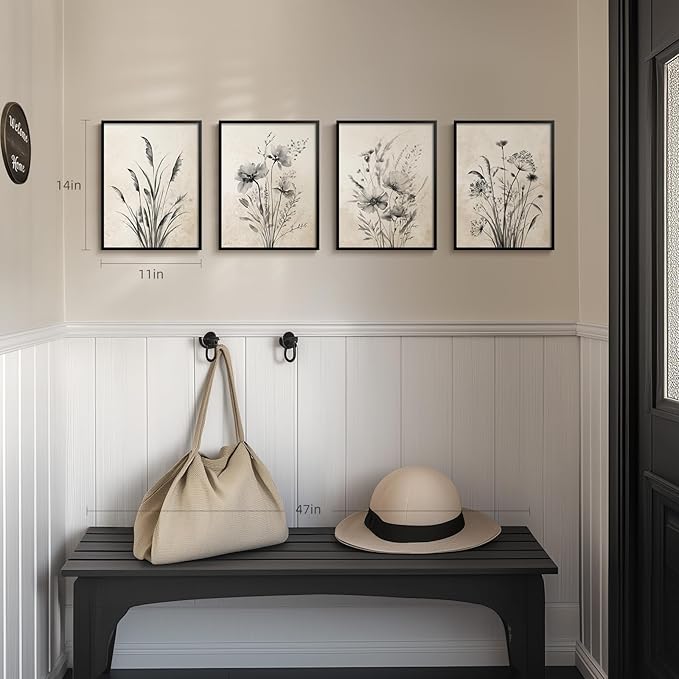 Framed Boho Vintage Botanical Wall Art, 4 Piece Black and White Floral Canvas - Image 4