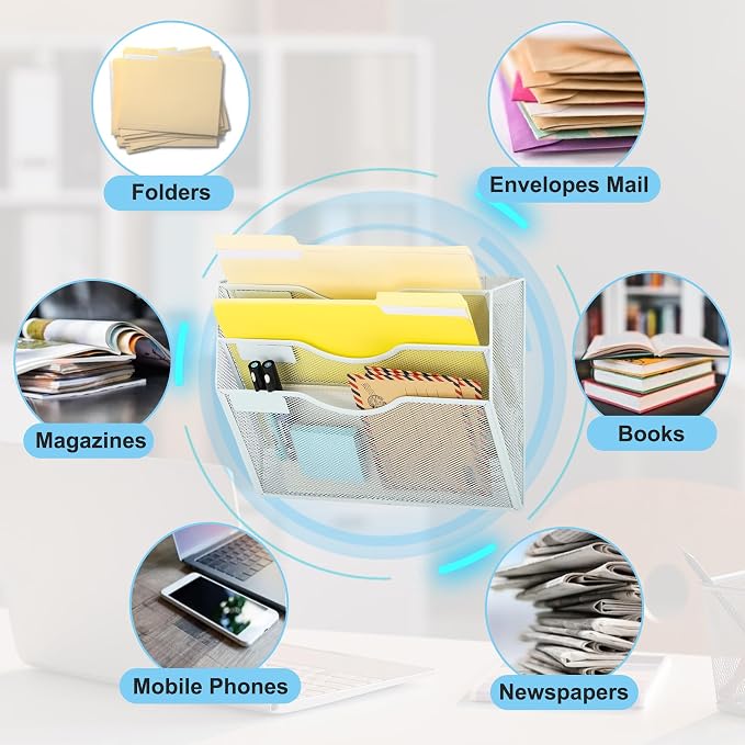 EASEPRES Magnetic 3 Pocket Mesh Hanging Wall File Organizer, Wall Mounted Mail - Image 4